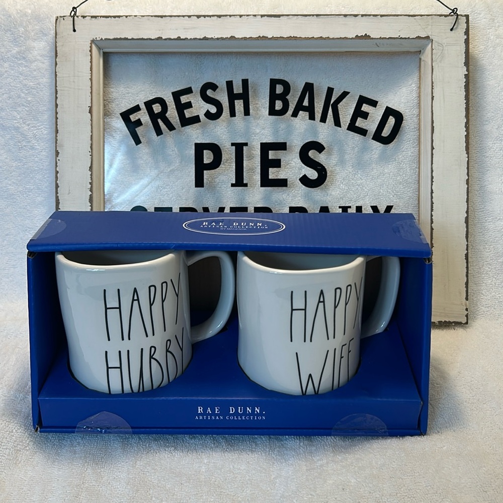 Rae Dunn White Ceramic HAPPY HUBBY & HAPPY WIFE Mugs Set